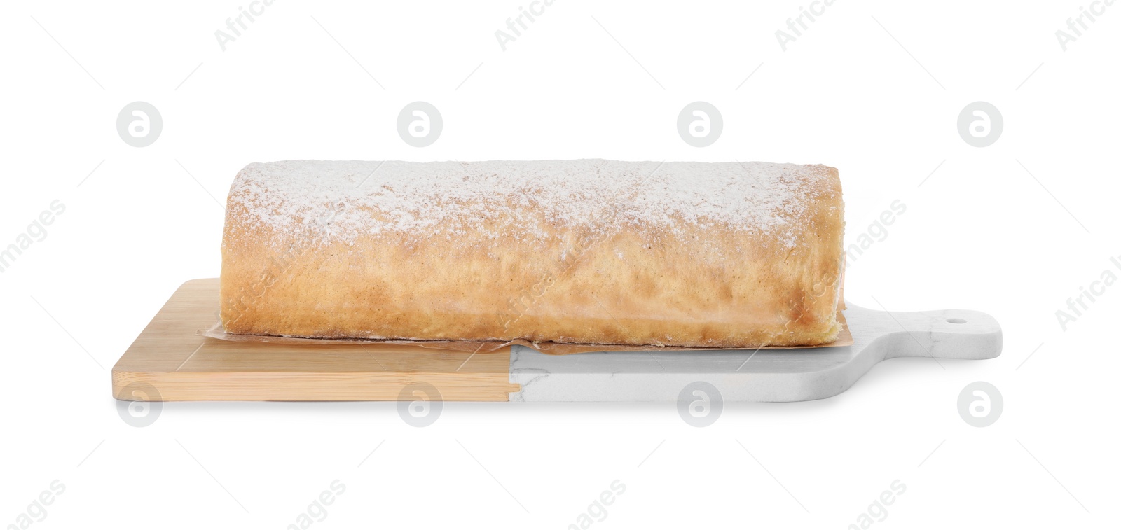 Photo of Delicious sponge cake roll isolated on white