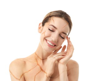 Young woman with body dry skin problem on white background