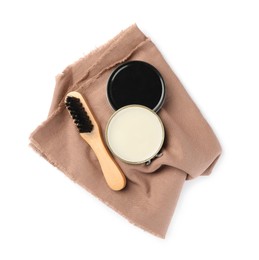 Photo of Different shoe care products on white background, top view