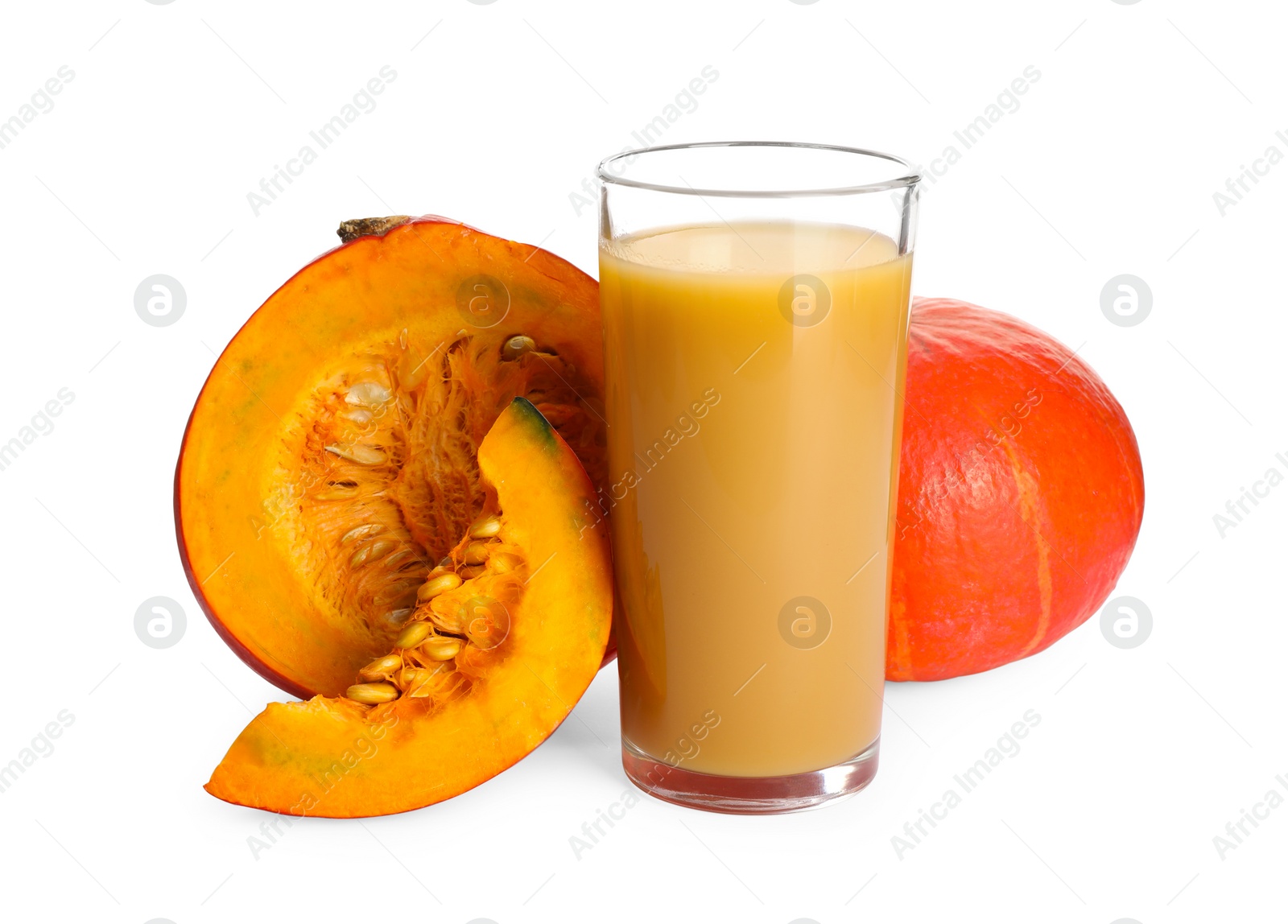 Photo of Glass with pumpkin juice and fresh vegetables on white background