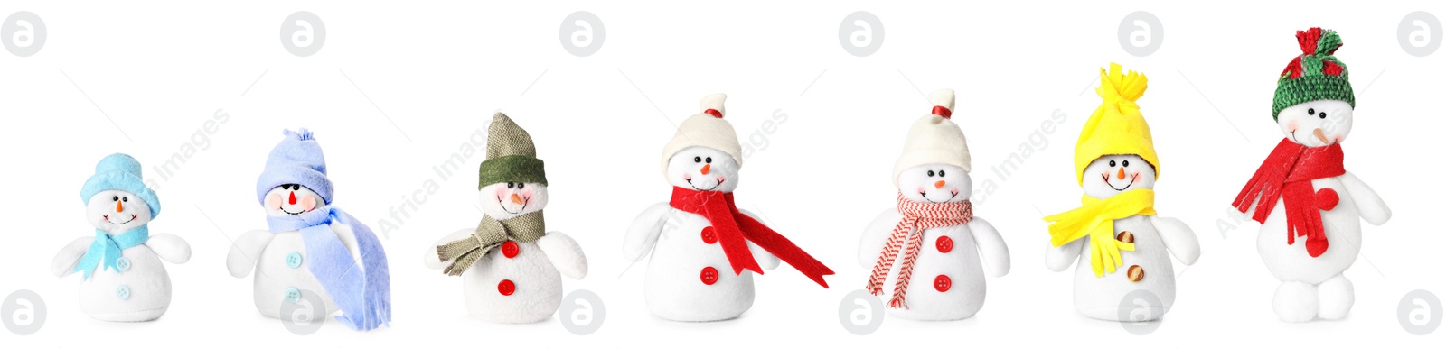 Image of Set with cute small snowman toys on white background. Banner design