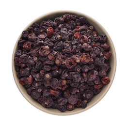 Bowl of tasty dried currants on white background, top view