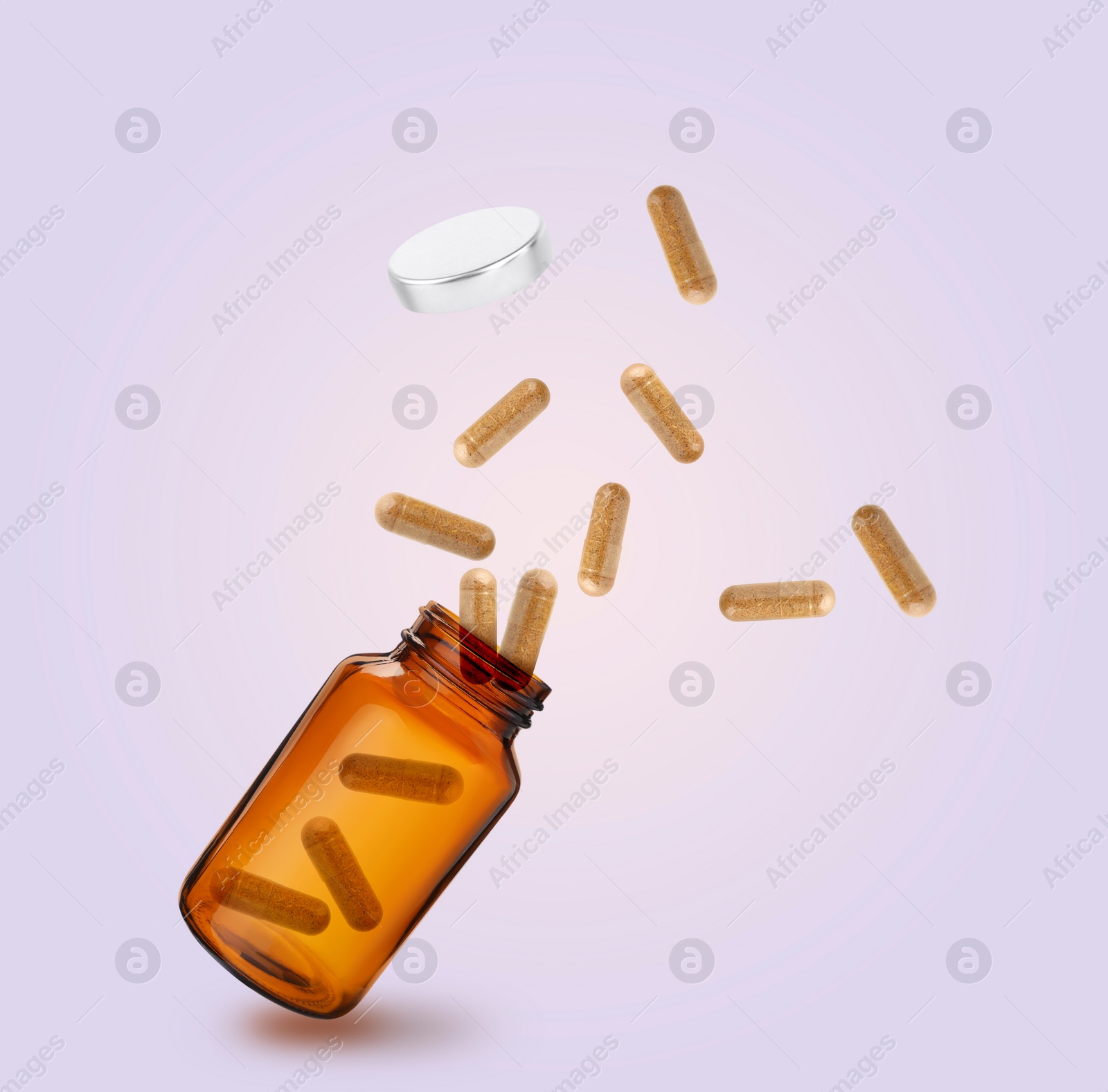 Image of Vitamin capsules flying out from bottle on color background