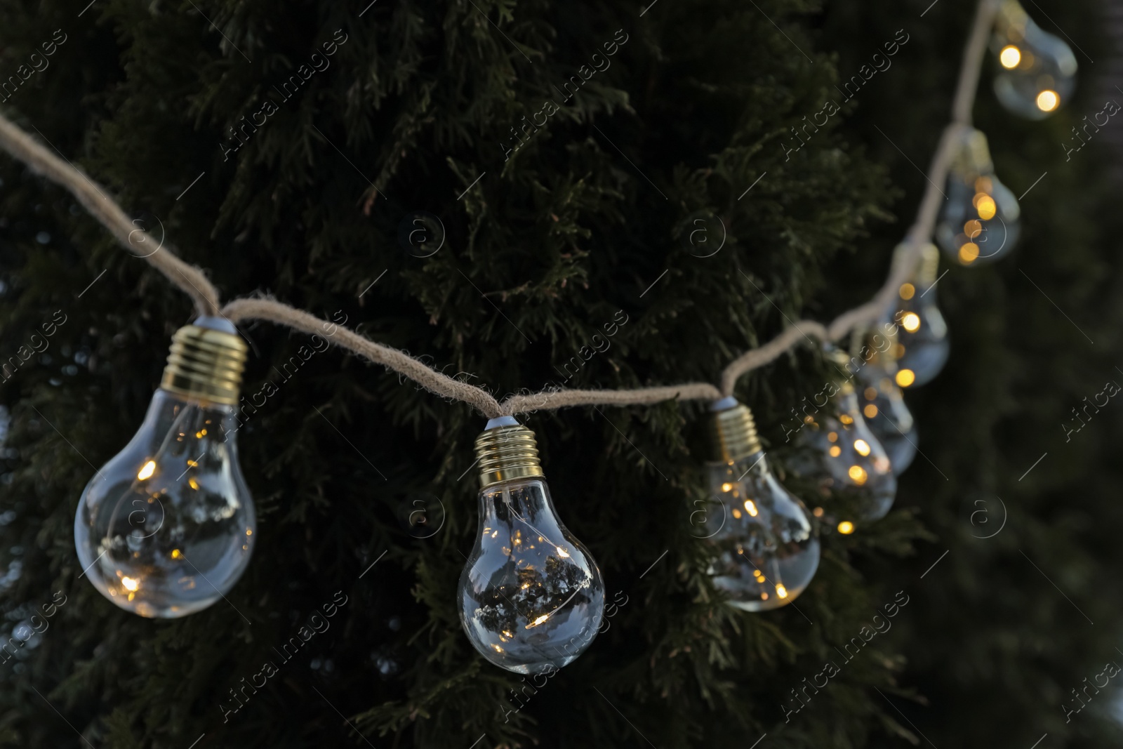 Photo of Beautiful garland of lamp bulbs hanging outdoors. String lights