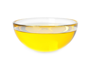 Photo of Cooking oil in glass bowl isolated on white