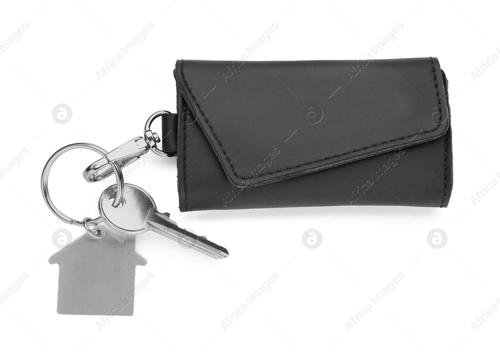 Photo of Leather case with key isolated on white, top view