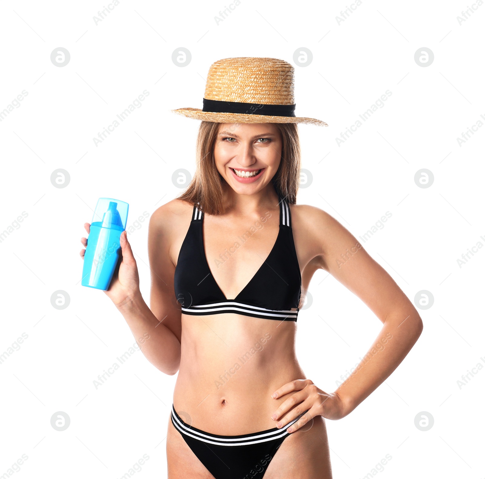 Photo of Woman with bottle of sun protection body cream on white background