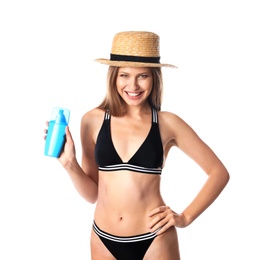 Woman with bottle of sun protection body cream on white background