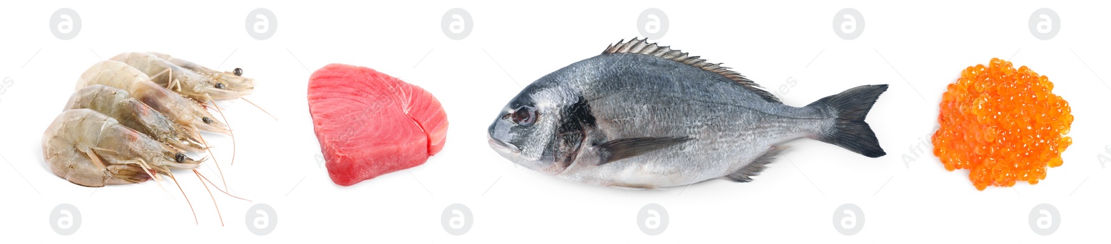 Image of Dorado fish, shrimps, piece of raw tuna and red caviar isolated on white, set