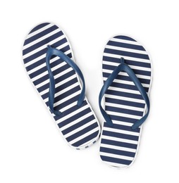 Photo of Pair of striped flip flops on white background, top view