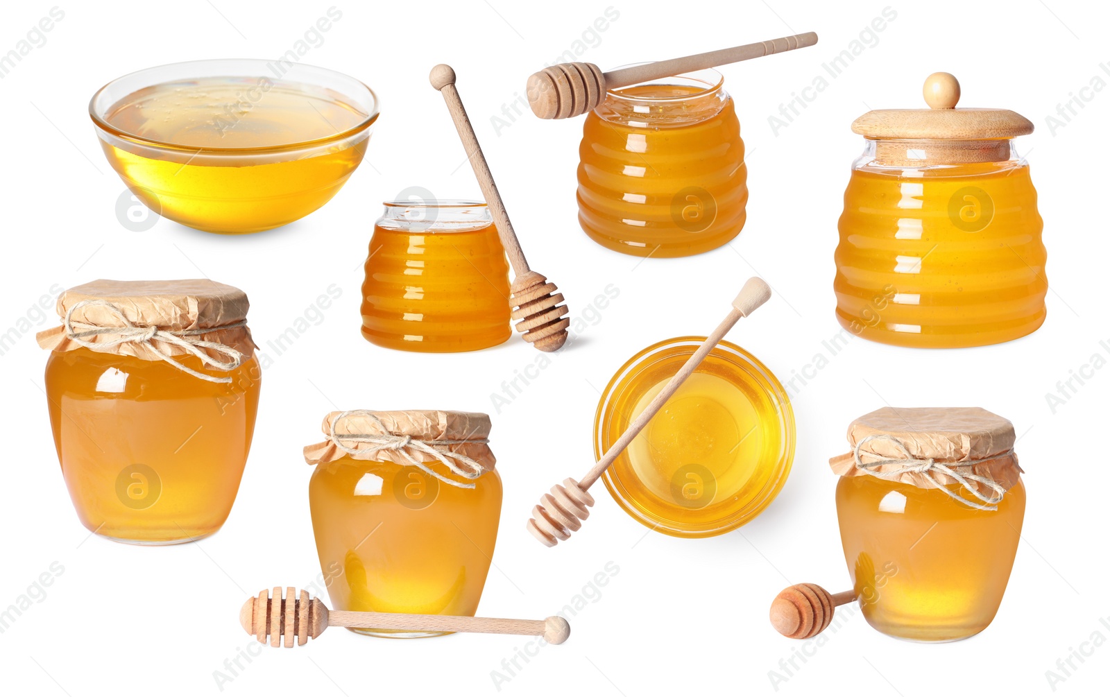 Image of Natural honey, glass jars and dippers isolated on white, set