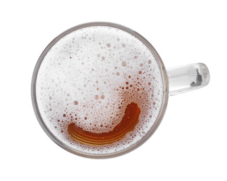 Glass mug with fresh beer isolated on white, top view