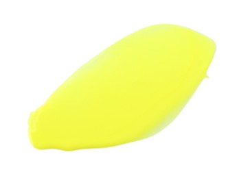 Photo of Yellow paint sample on white background, top view