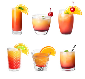 Image of Set of Tequila Sunrise cocktails on white background