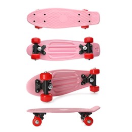 Image of Pink skateboards with red wheels on white background, collage. Sport equipment
