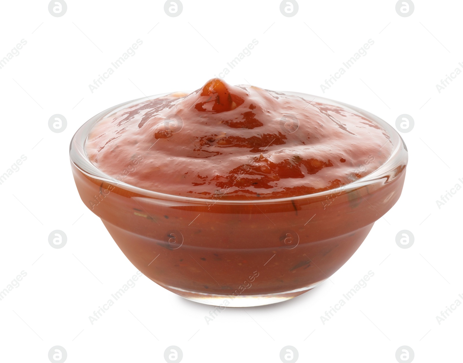 Photo of Tasty tomato sauce in bowl isolated on white