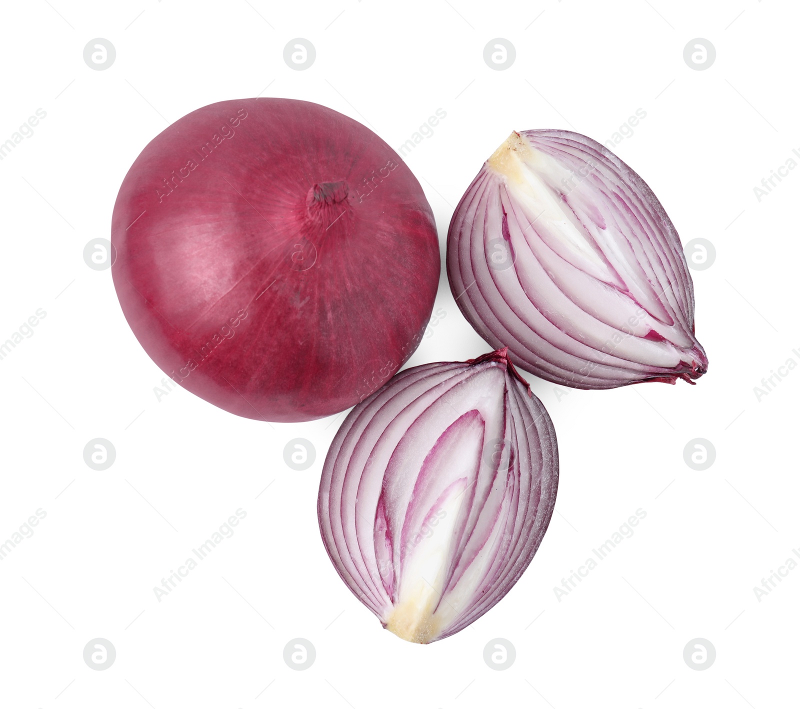 Photo of Ripe fresh red onions isolated on white, top view