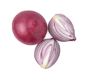 Photo of Ripe fresh red onions isolated on white, top view