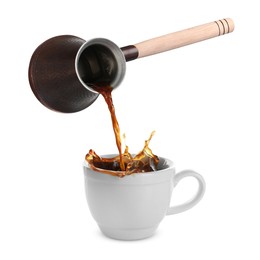 Image of Pouring freshly brewed aromatic coffee from turkish pot into cup. Objects in air on white background