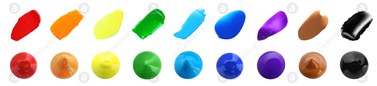 Image of Set with paint samples of different colors isolated on white, top view