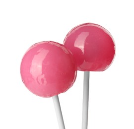 Tasty pink lollipops isolated on white. Confectionery product