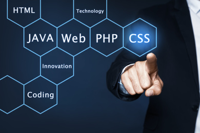 Image of Businessman pointing at virtual screen with different words, closeup. Programming and coding  
