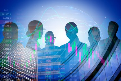 Multiple exposure with silhouettes of businesspeople, graphs, data and buildings