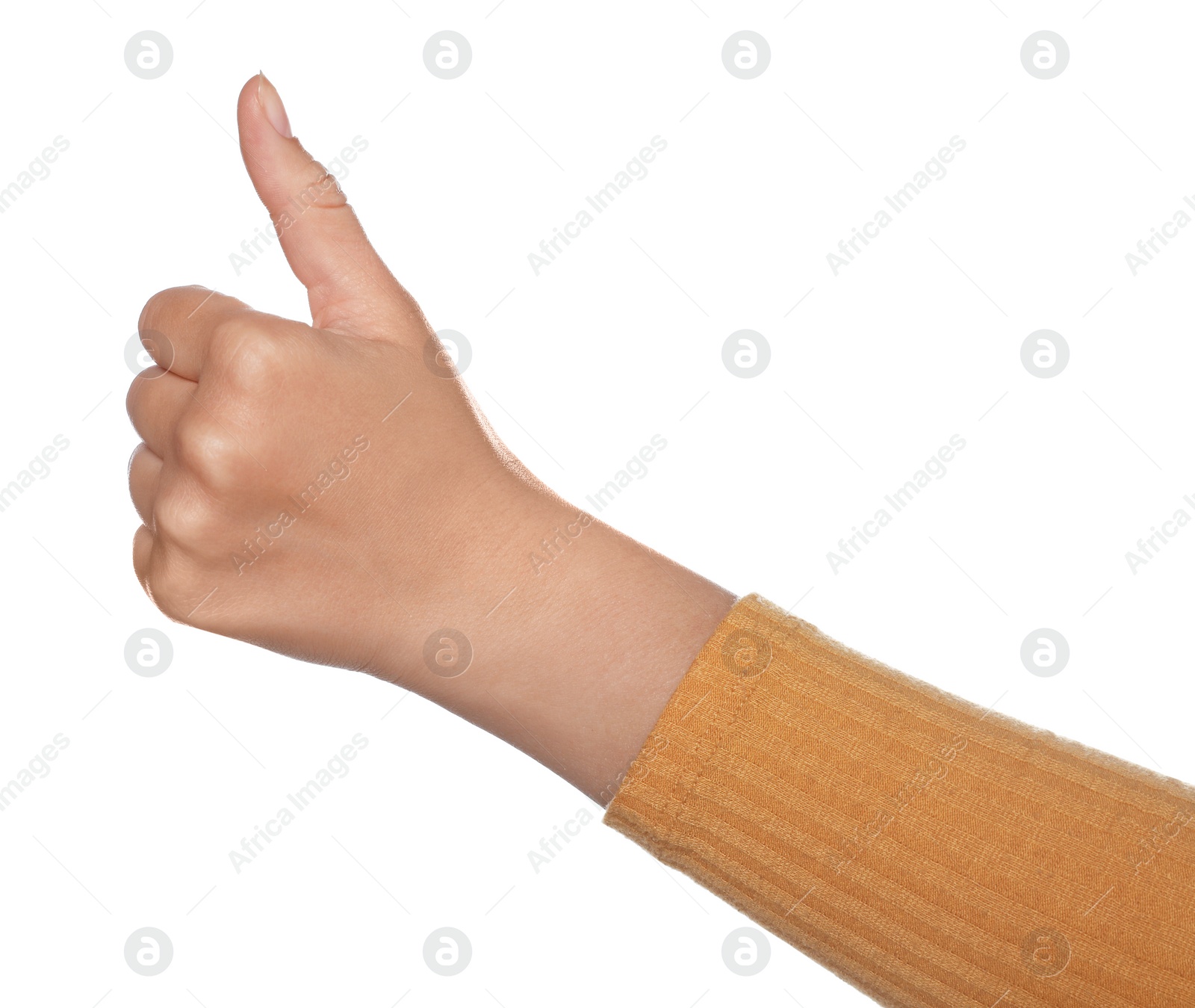 Photo of Woman hitchhiking on white background, closeup view