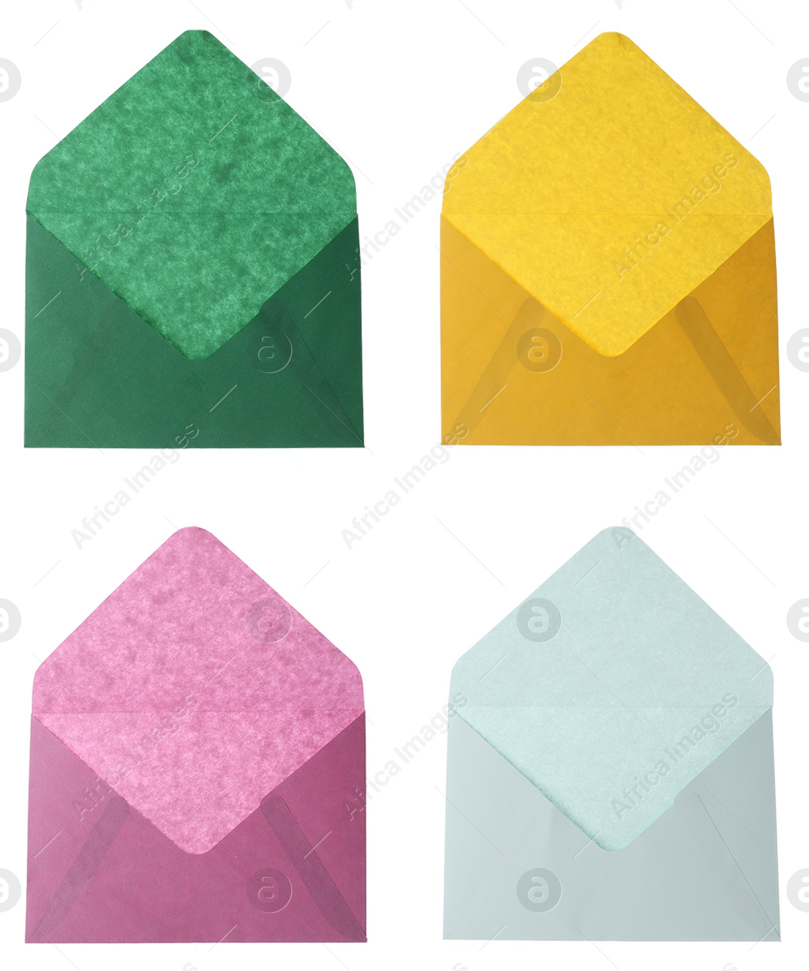 Image of Set of bright envelopes on white background