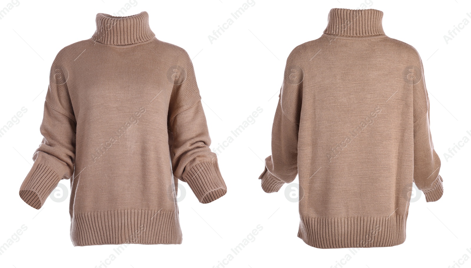 Image of Stylish warm brown sweater isolated on white, back and front 