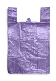Photo of Stack of purple plastic bags isolated on white, top view