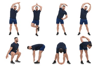 Image of Young man doing morning exercises on white background, collage design