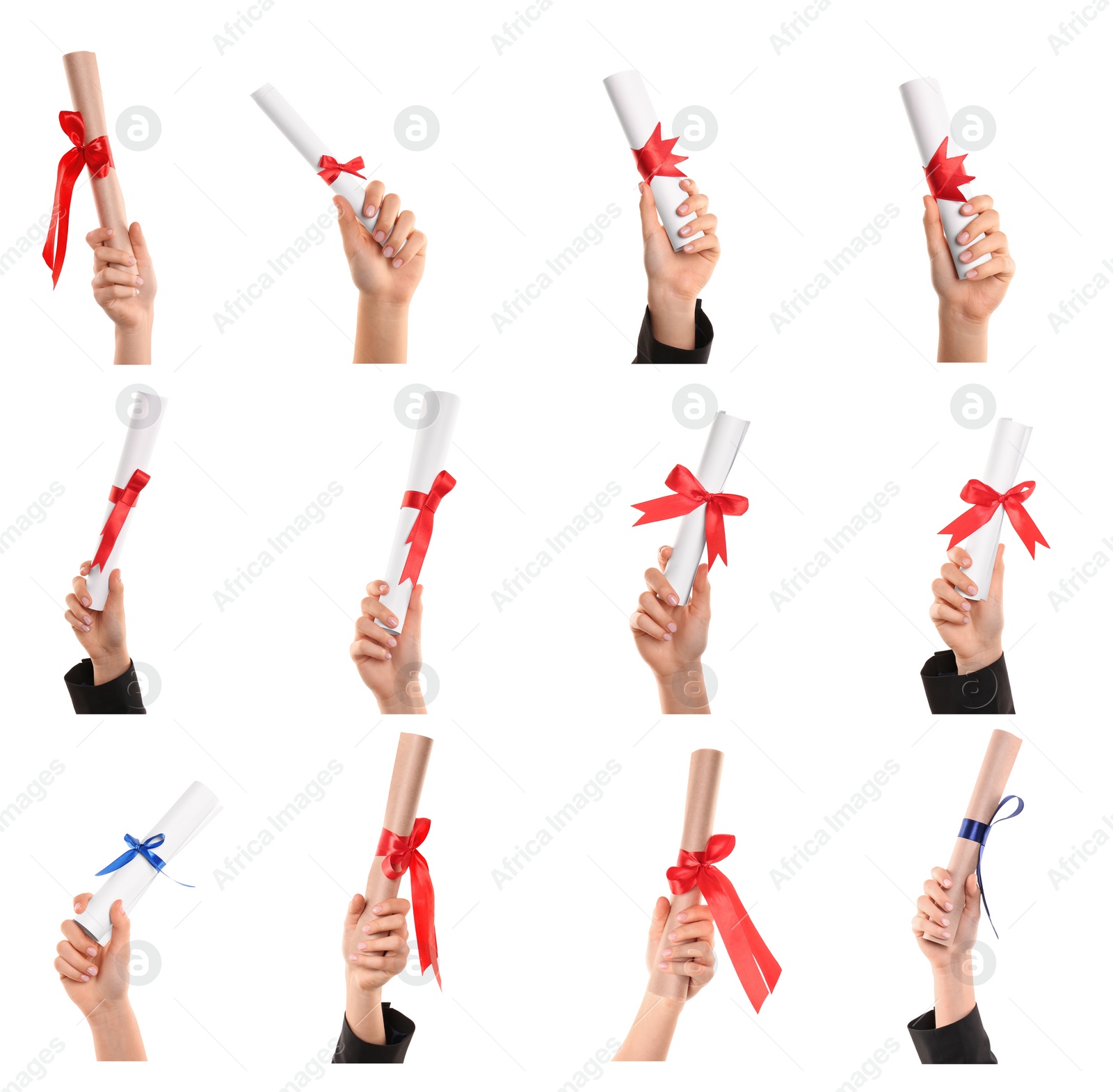 Image of Collage with photos of students holding diplomas on white background, closeup