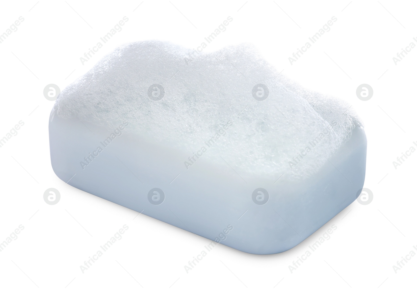 Photo of Soap bar with fluffy foam on white background