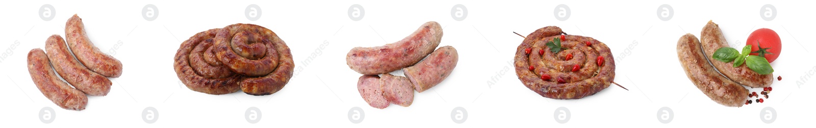 Image of Tasty homemade sausages isolated on white, set