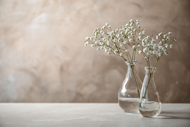 Gypsophila flowers in vases on table against brown background. Space for text