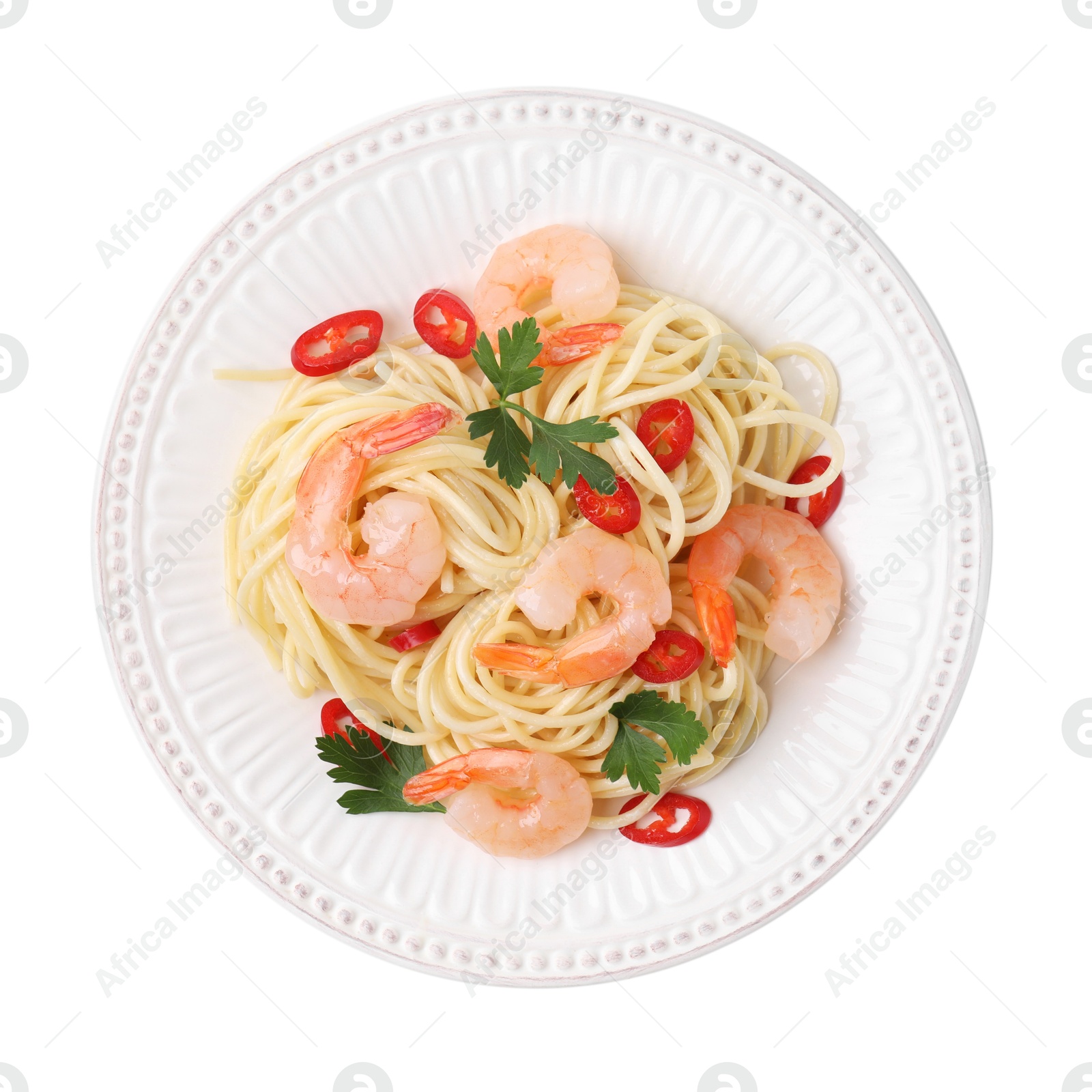 Photo of Tasty spaghetti with shrimps, chili pepper and parsley isolated on white, top view