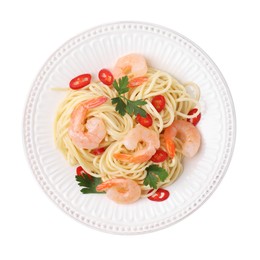 Photo of Tasty spaghetti with shrimps, chili pepper and parsley isolated on white, top view