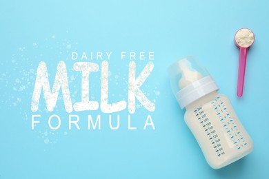 Image of Feeding bottle with dairy free infant formula and powder on light blue background, flat lay. Baby milk  