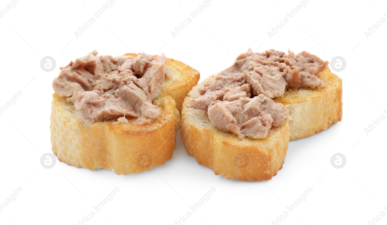 Photo of Tasty sandwiches with cod liver isolated on white