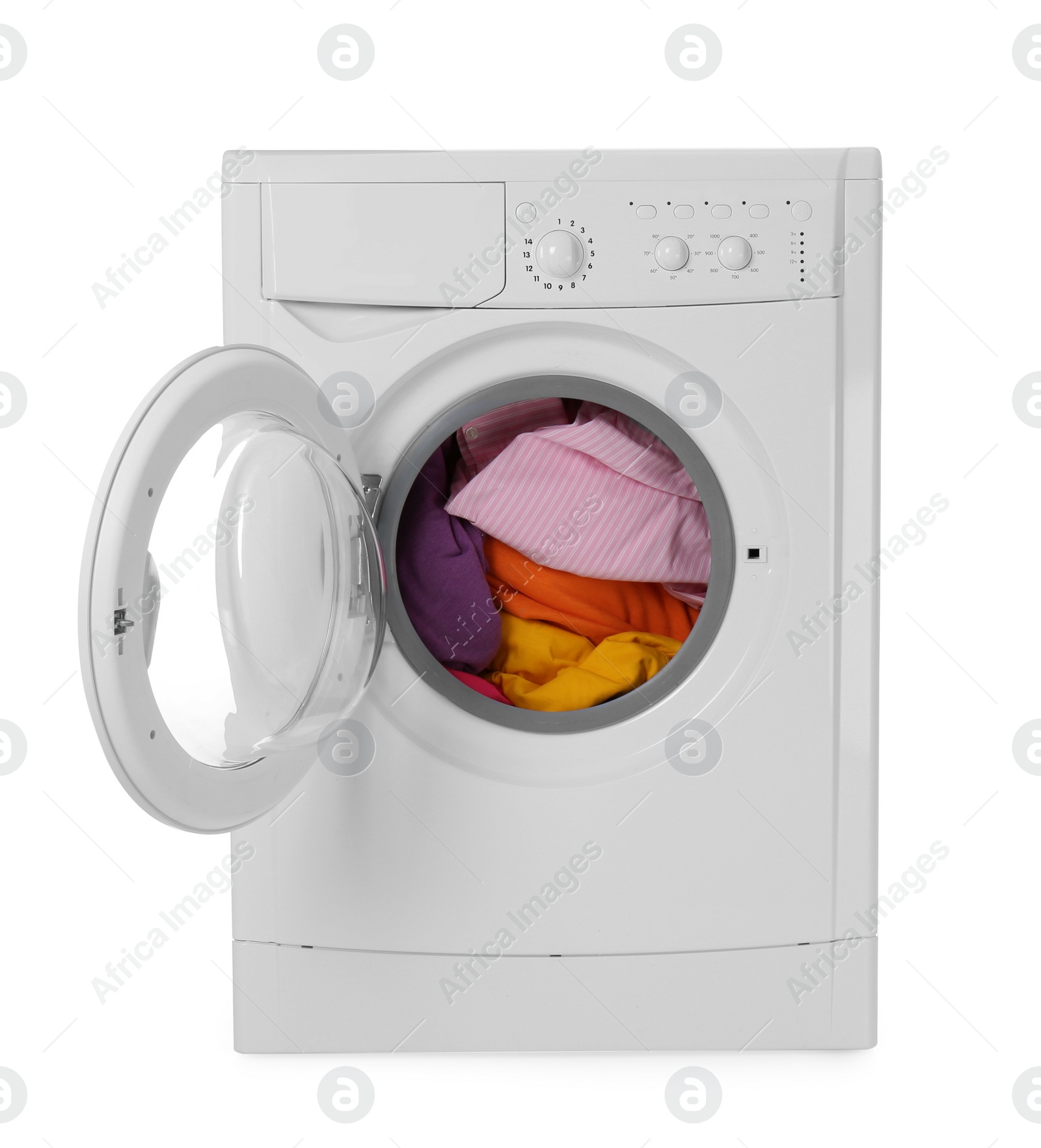 Photo of Modern washing machine with laundry isolated on white