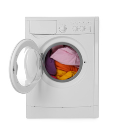 Photo of Modern washing machine with laundry isolated on white