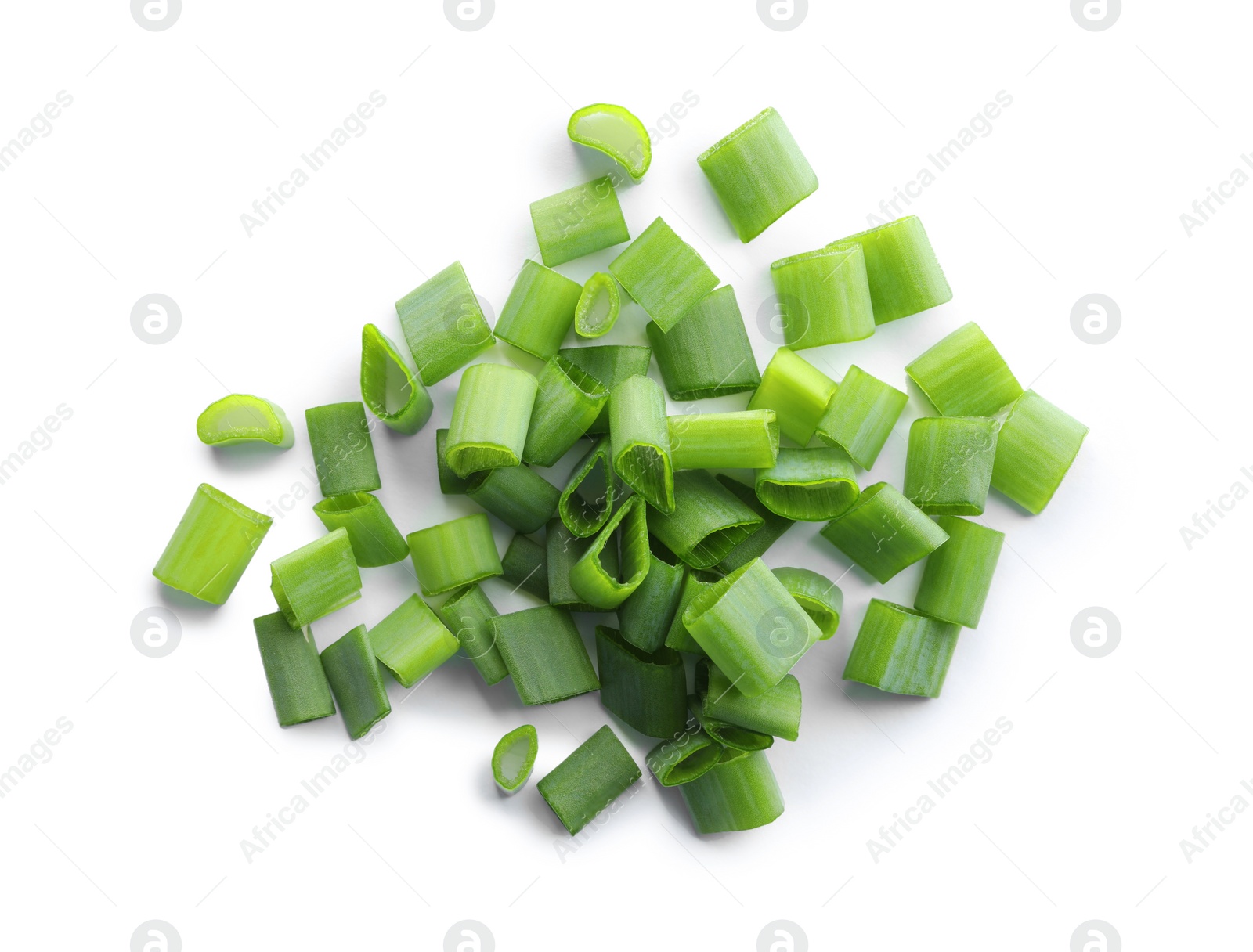 Photo of Pile of fresh green onion isolated on white, top view