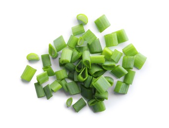 Photo of Pile of fresh green onion isolated on white, top view