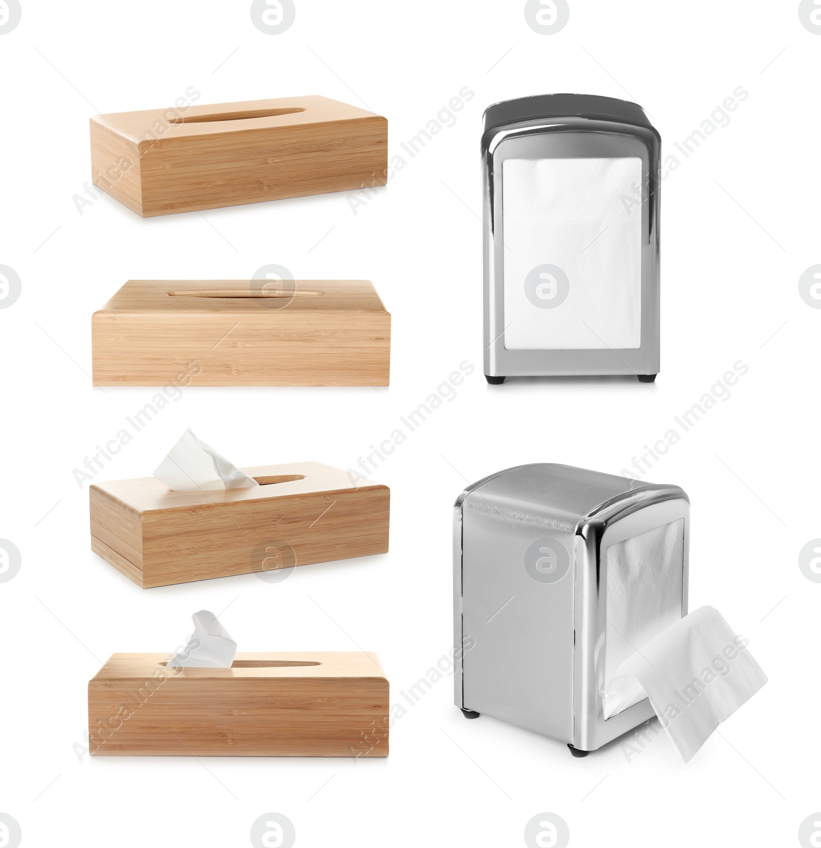 Image of Set of different modern napkin holders on white background