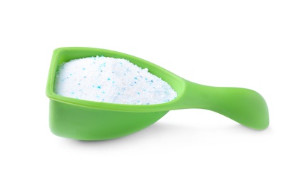 Photo of Measuring scoop with laundry powder isolated on white