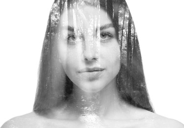 Image of Double exposure of woman and trees on white background, black and white effect