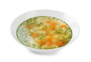Photo of Bowl of fresh homemade soup to cure flu on white background