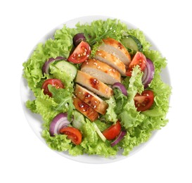 Delicious salad with chicken and vegetables in bowl isolated on white, top view
