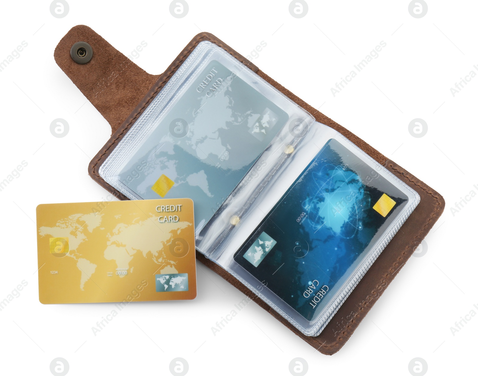 Photo of Brown card holder with plastic credit cards isolated on white, top view